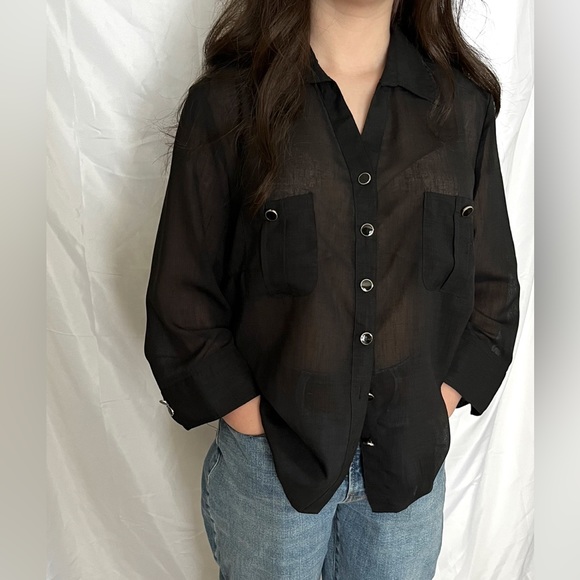 Tradition‎ Lightweight Black Gauzy Sheer Button Front Short Sleeve Blouse - Picture 2 of 11